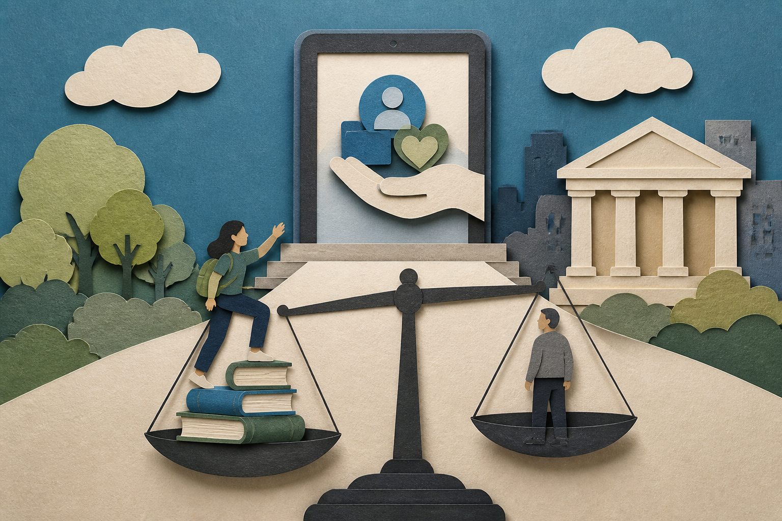 Abstract editorial illustration accompanying the article: When public services go digital, social rights can depend on digital skills