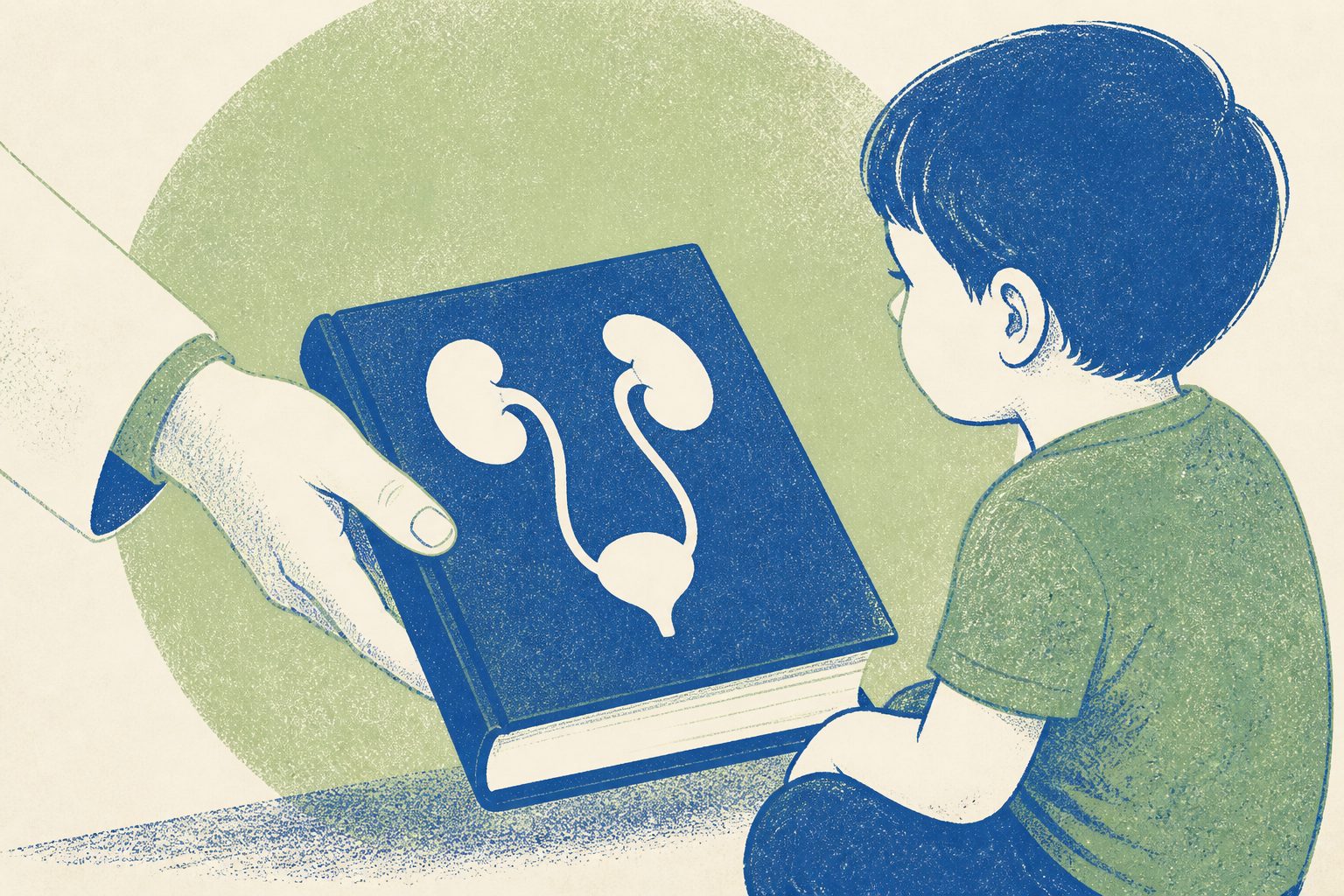 Abstract editorial illustration accompanying the article: New guideline updates urinary infection guidance for children ages 8 days to 5 years