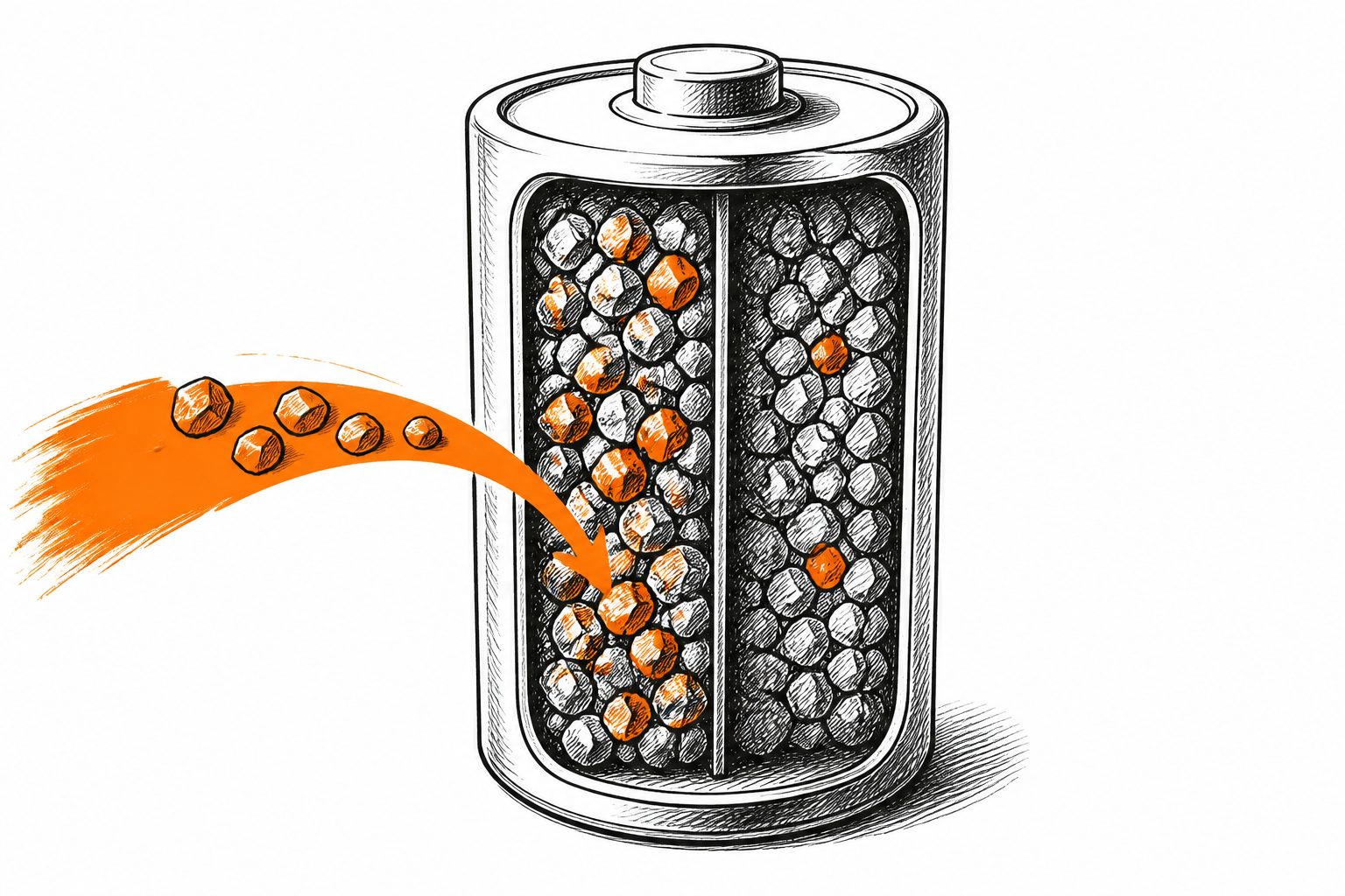 Abstract editorial illustration accompanying the article: A little aluminum improved a sodium battery material—and half as much still worked