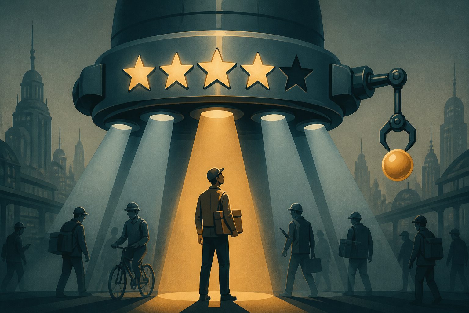 Abstract editorial illustration accompanying the article: Platform ratings and bonuses are tied to who sees work and earns
