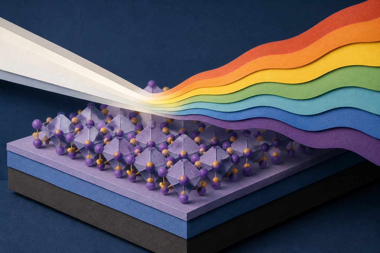 Abstract editorial illustration accompanying the article: A potassium-niobium crystal film on silicon could expand ways to control light