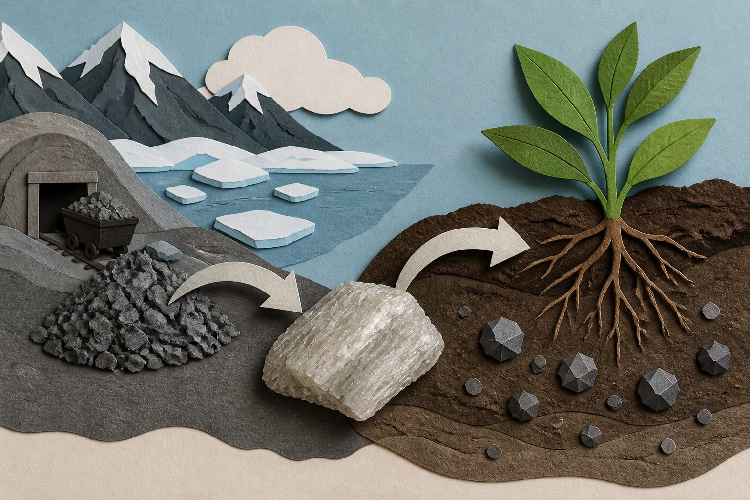 Abstract editorial illustration accompanying the article: A mineral from Arctic mine waste improved soils and lowered metals in lab tests