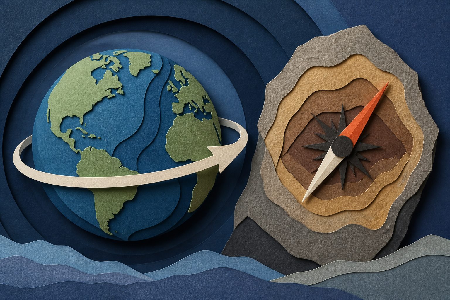 Abstract editorial illustration accompanying the article: A 70-year Earth-rotation cycle does not point to an imminent negative leap second