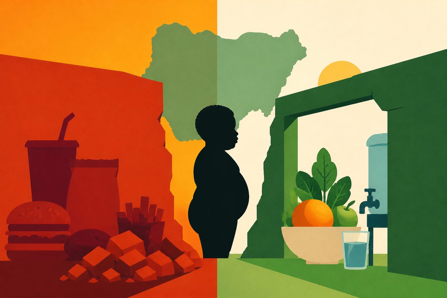 Abstract editorial illustration accompanying the article: Review examines childhood obesity strategies and barriers in Nigeria