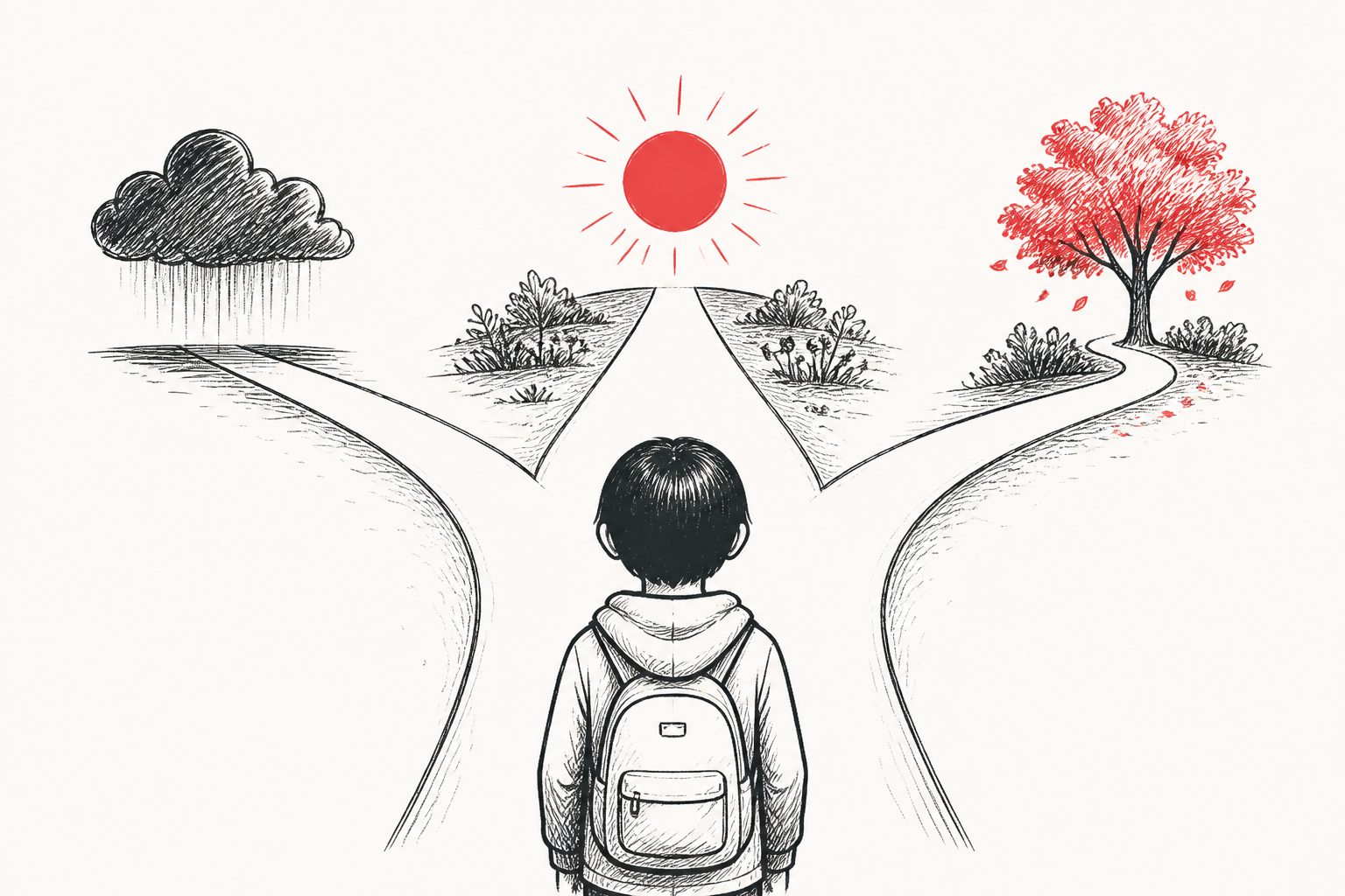 Abstract editorial illustration accompanying the article: South Korean children followed three distinct paths for suicidal thoughts