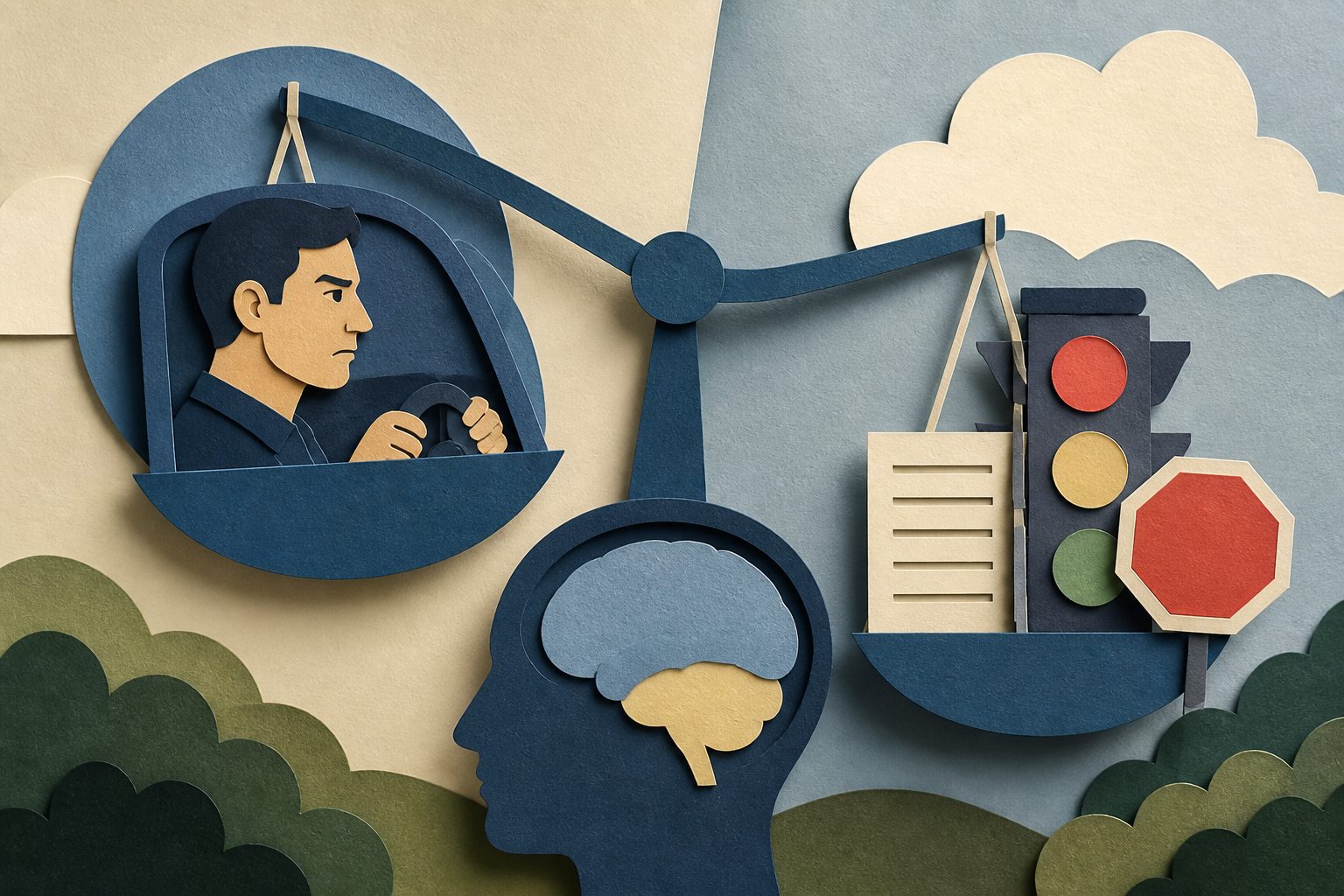 Abstract editorial illustration accompanying the article: Traffic moral judgments focused more on drivers’ character than rule-breaking