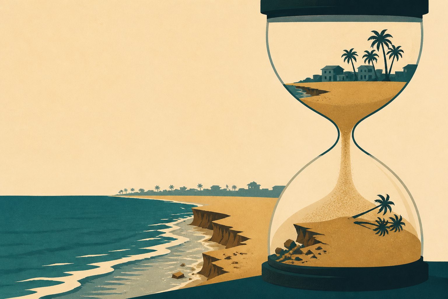 Abstract editorial illustration accompanying the article: Uppada’s coastline could face severe degradation within decades