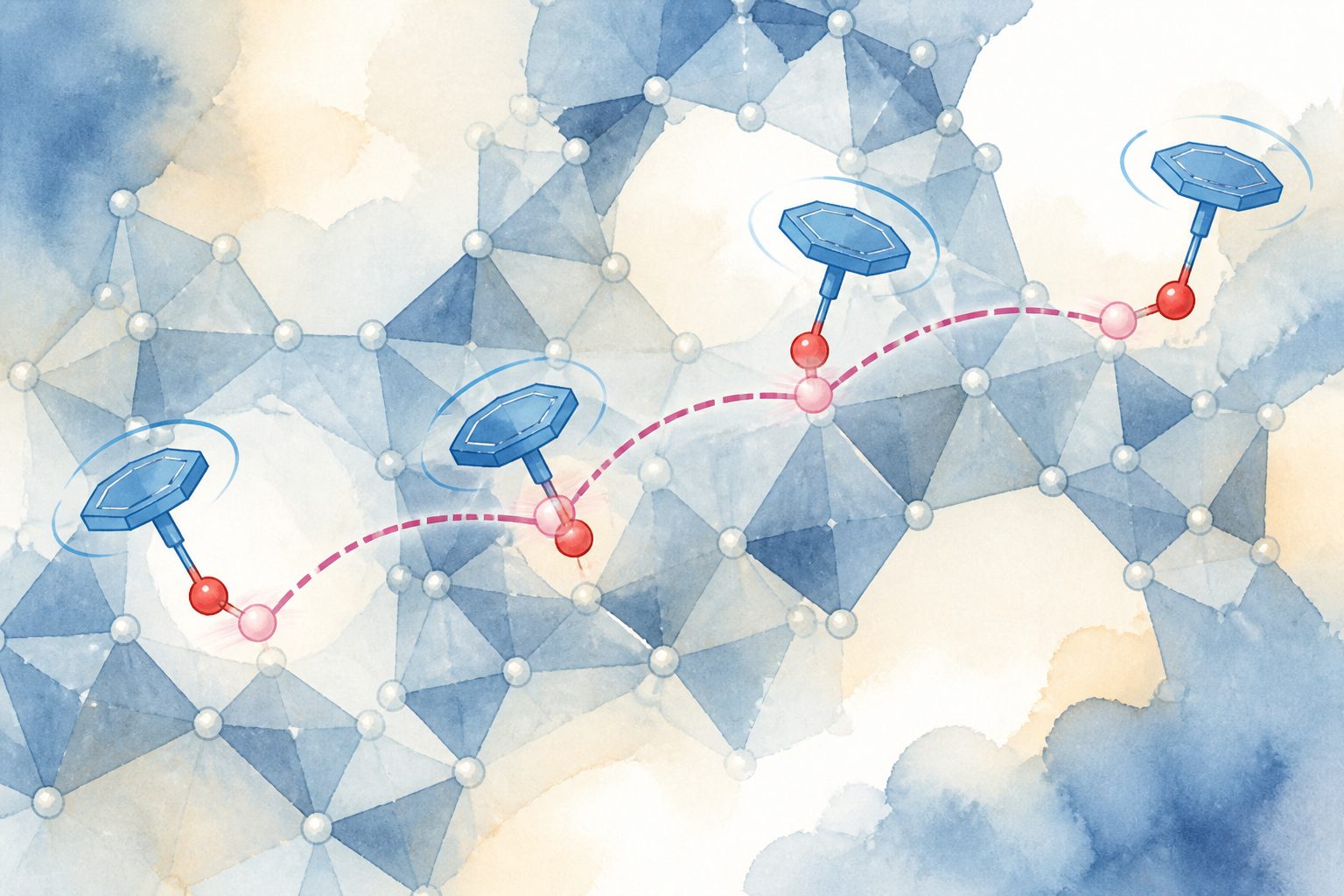 Abstract editorial illustration accompanying the article: In solid acids, rotating groups help protons make longer jumps