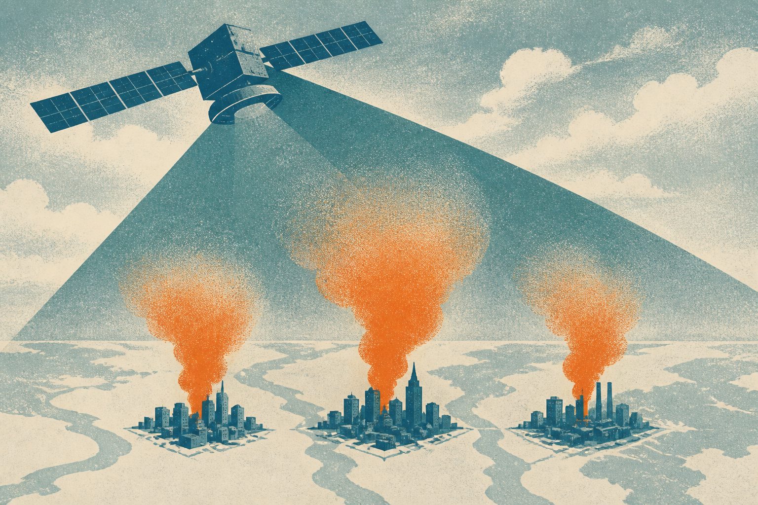 Abstract editorial illustration accompanying the article: Satellites estimate more methane from three cities than inventories report