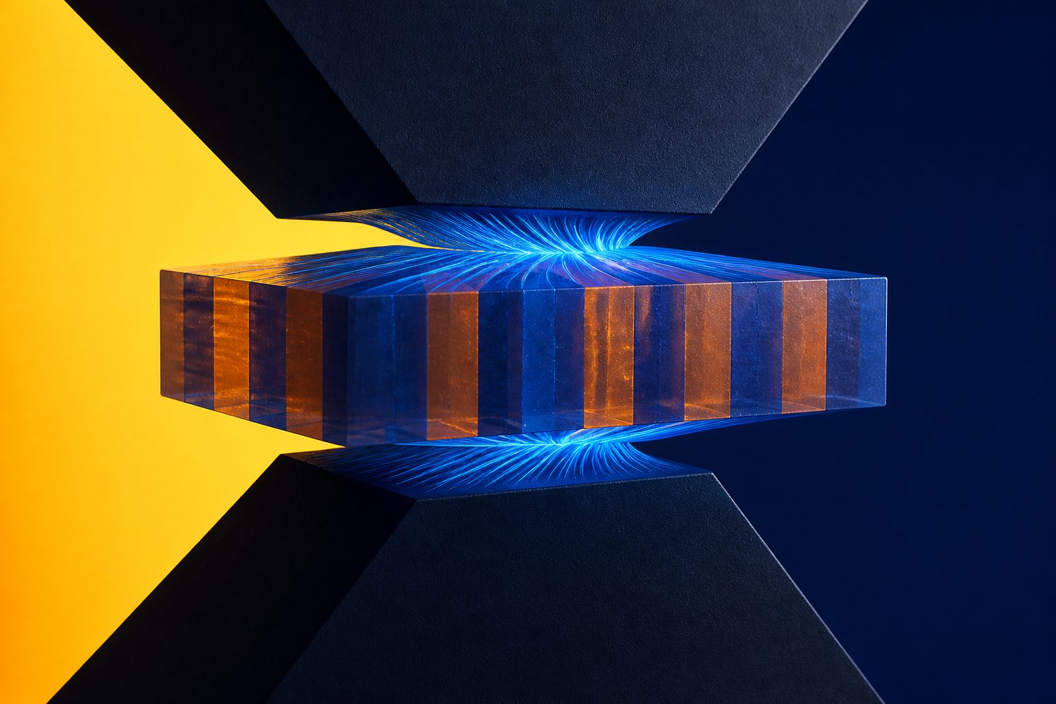 Abstract editorial illustration accompanying the article: Small mechanical stress raises superconductivity in a stripe-ordered crystal