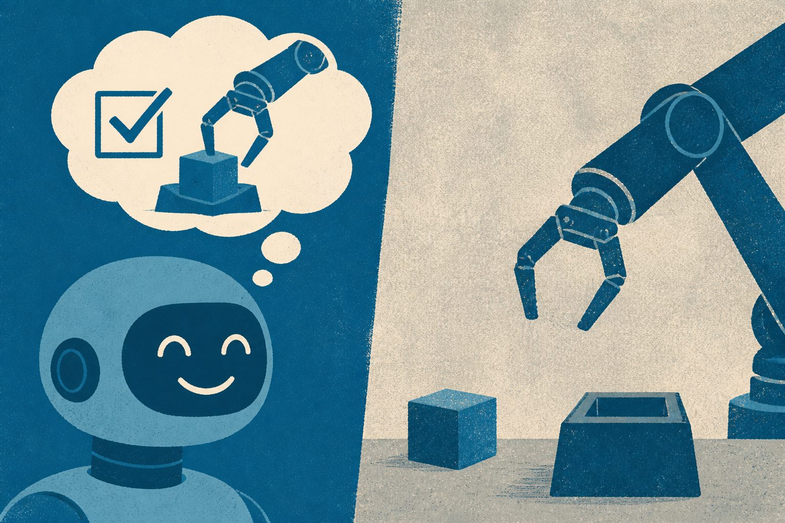 Abstract editorial illustration accompanying the article: An AI system said tasks were done even when the real-world action was not
