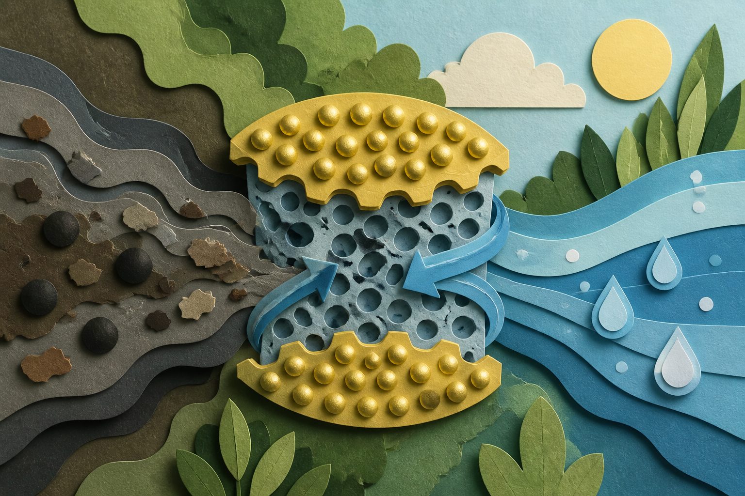 Abstract editorial illustration accompanying the article: A self-adjusting catalyst purifies polluted water while holding onto its metal