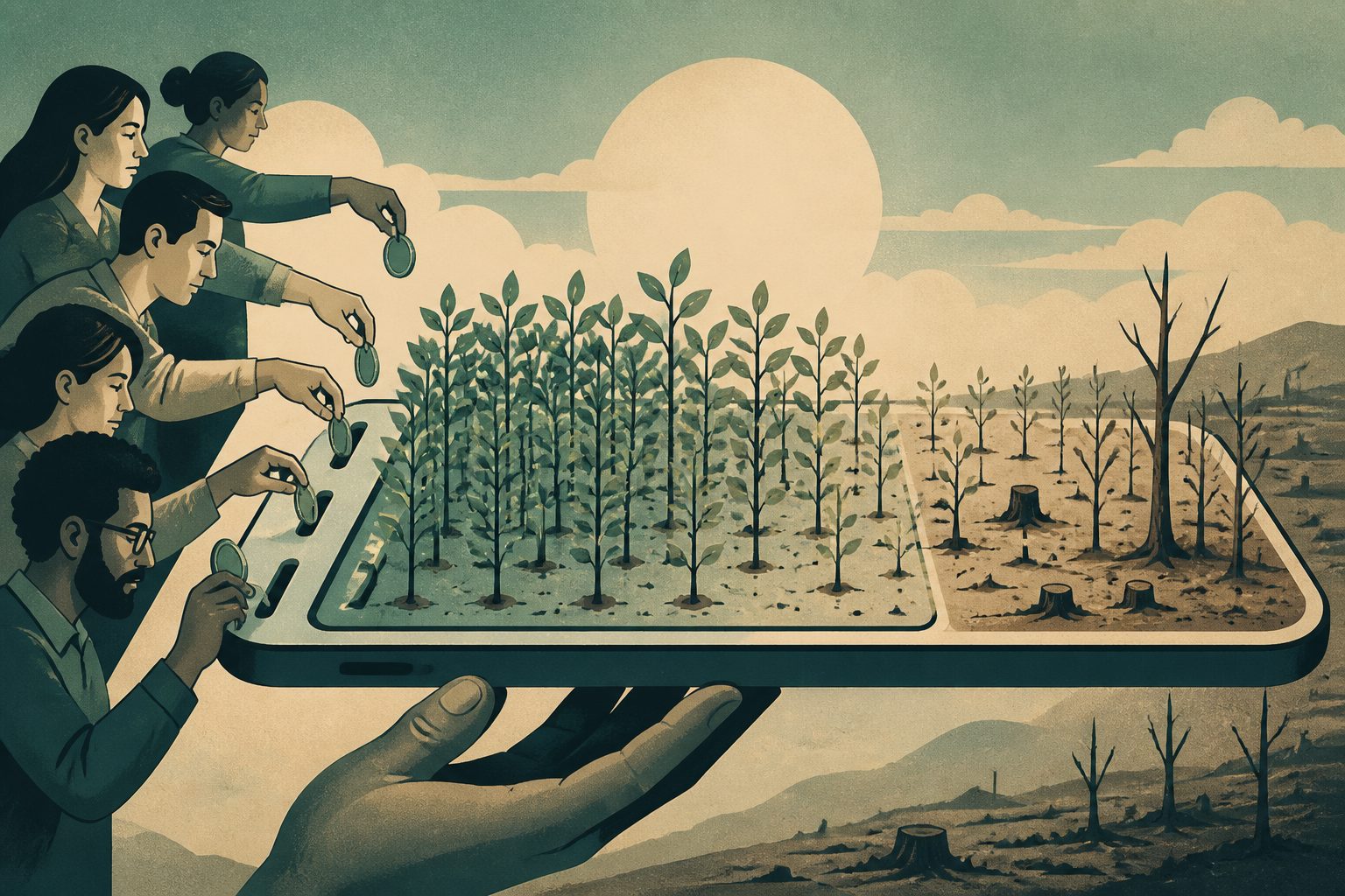 Abstract editorial illustration accompanying the article: Nine digital finance platforms funded 750 million trees, but survival is unclear