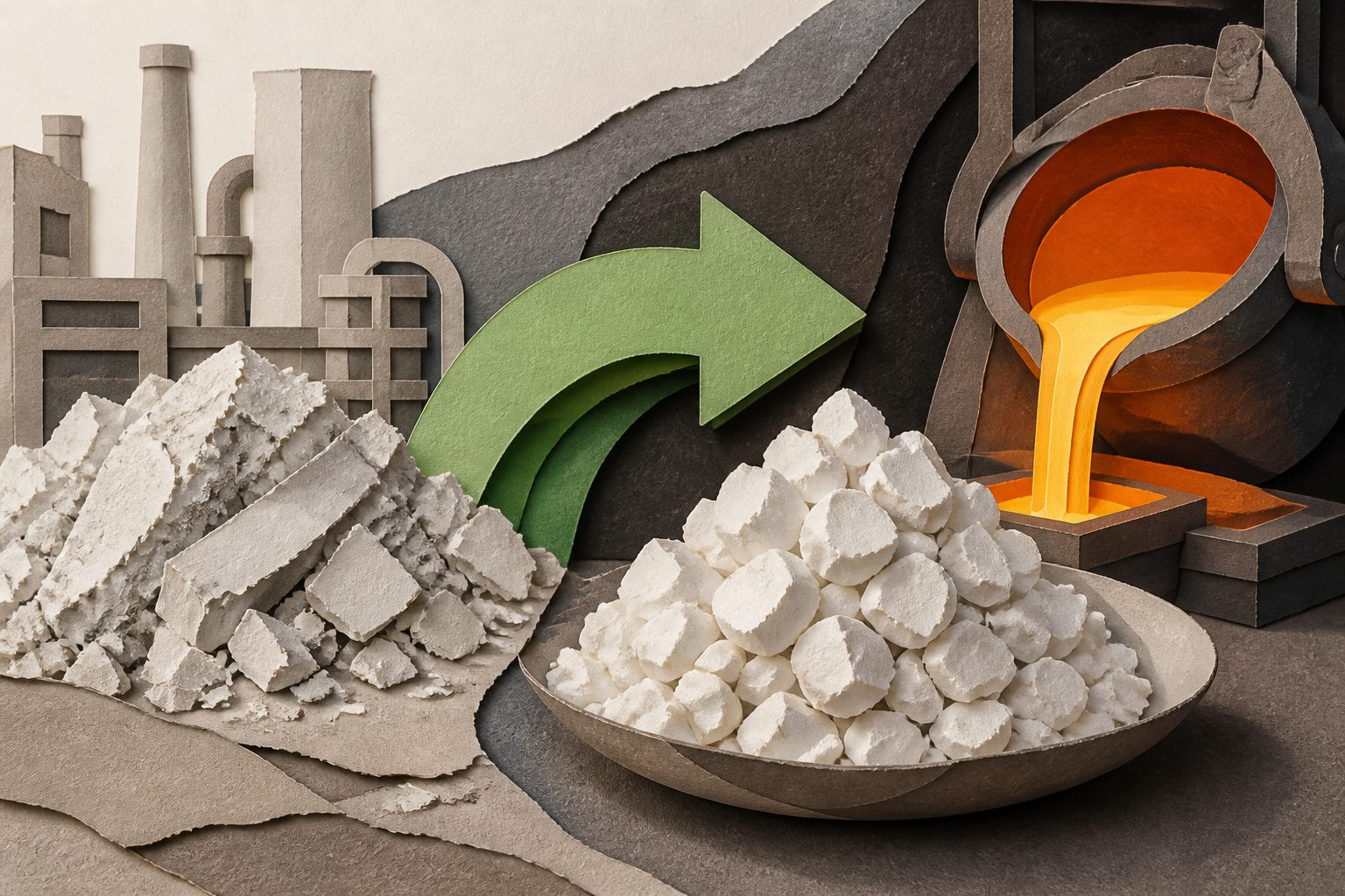 Abstract editorial illustration accompanying the article: Phosphogypsum waste can be turned into calcium carbonate for metalmaking
