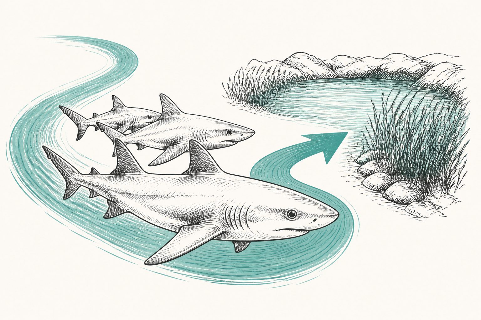 Abstract editorial illustration accompanying the article: Young white sharks may return to nursery waters with the same companions
