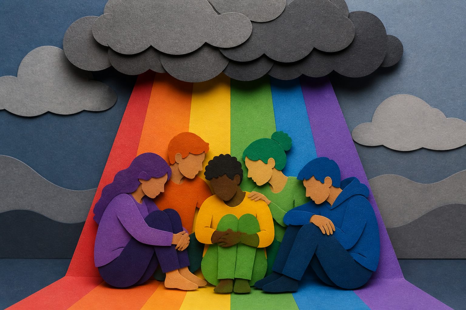 Abstract editorial illustration accompanying the article: Review finds higher depression and suicide risk among LGBTQIA+ people