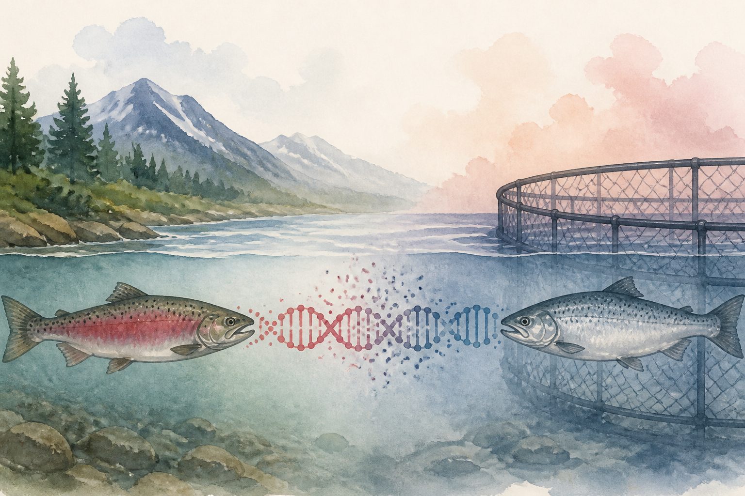 Abstract editorial illustration accompanying the article: Farmed salmon genes may weaken wild salmon’s climate adaptation
