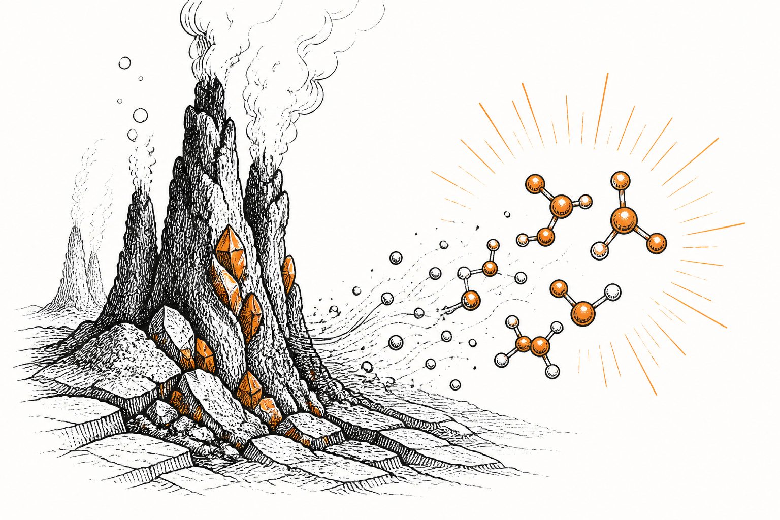 Abstract editorial illustration accompanying the article: Hydrothermal-vent minerals can make energy-carrying molecules without sulfur