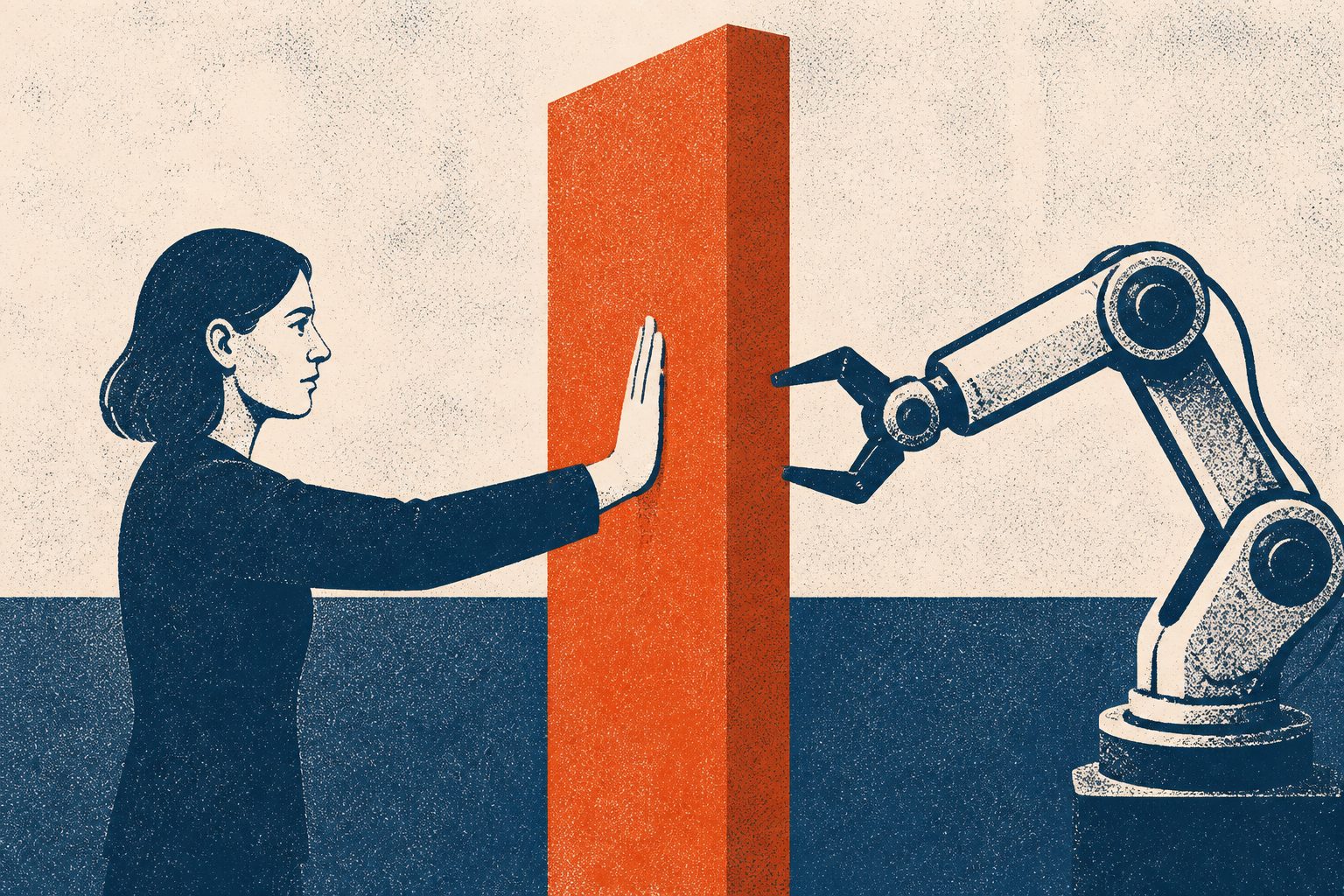 Abstract editorial illustration accompanying the article: A proposed AI control system puts hard limits between human authority and machine action