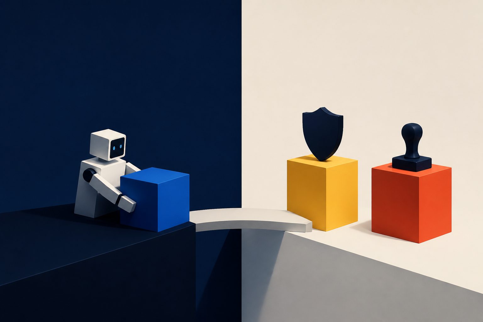 Abstract editorial illustration accompanying the article: Self-changing AI systems could separate checks from approval