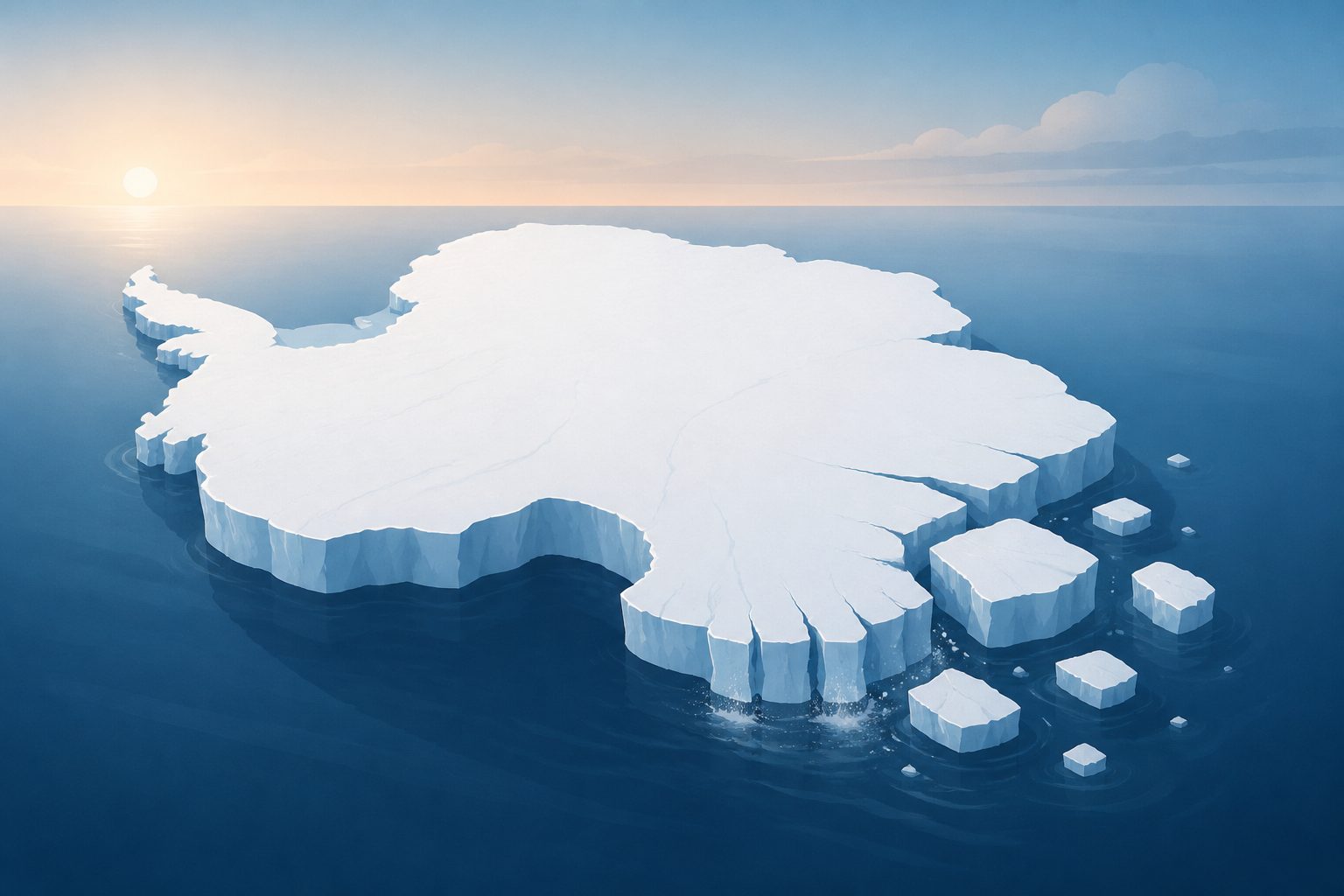 Abstract editorial illustration accompanying the article: Antarctica is likely committed to ice loss this century, study finds