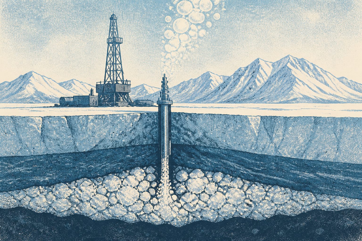 Abstract editorial illustration accompanying the article: Alaska test produced a gas-rich flow from a frozen methane reservoir