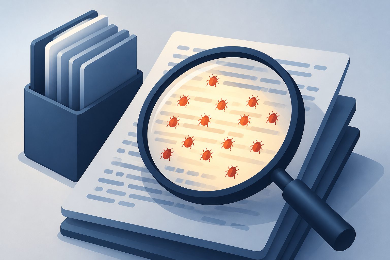 Abstract editorial illustration accompanying the article: Software checkers revealed 14 hidden mistakes in new tests