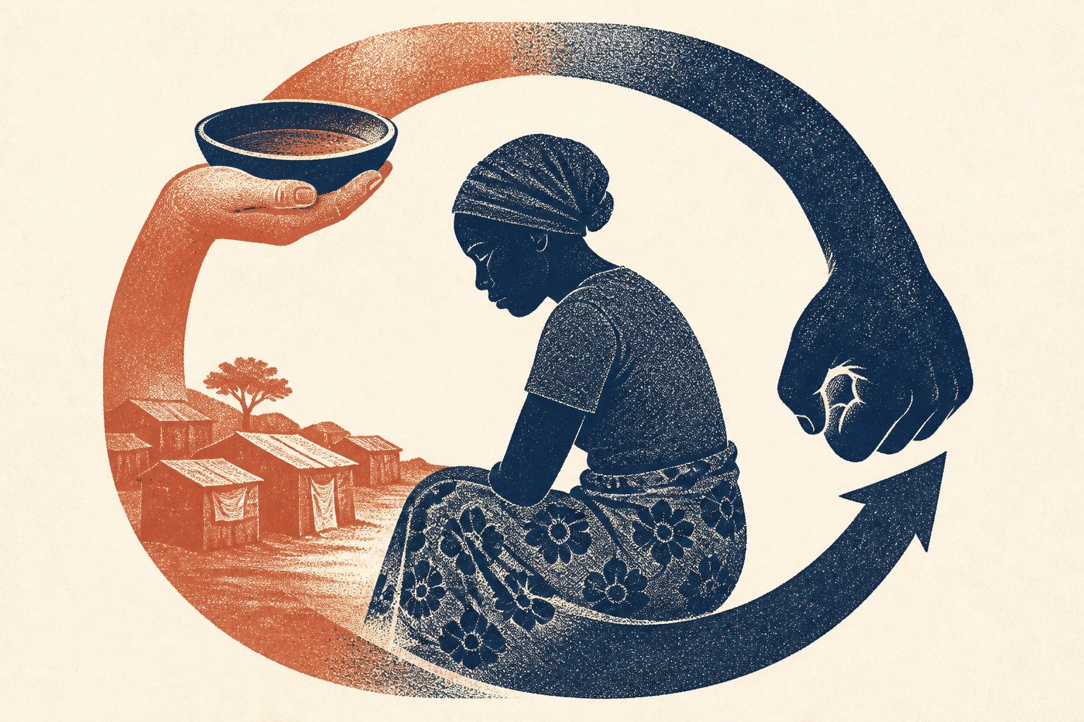 Abstract editorial illustration accompanying the article: Refugee women in Malawi described how poverty and violence reinforce each other