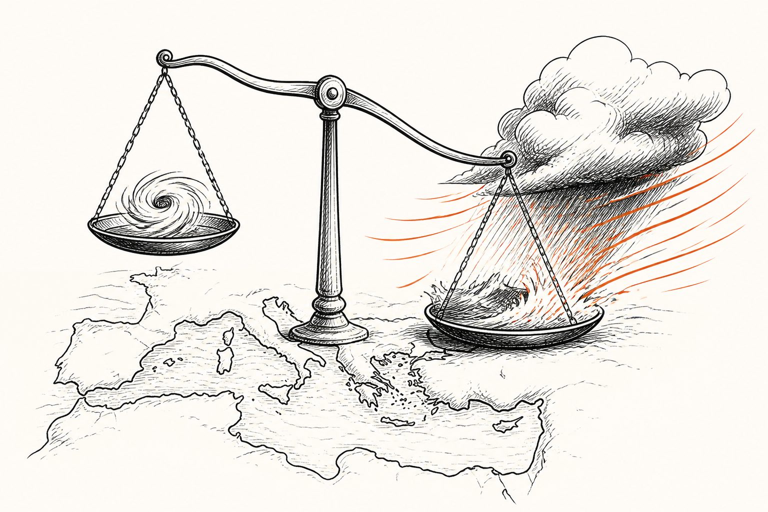 Abstract editorial illustration accompanying the article: Fewer Mediterranean cyclones may bring stronger wind and rain extremes