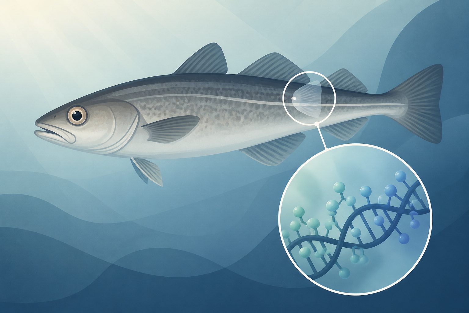 Abstract editorial illustration accompanying the article: In haddock, a fin sample predicted age to within about two months