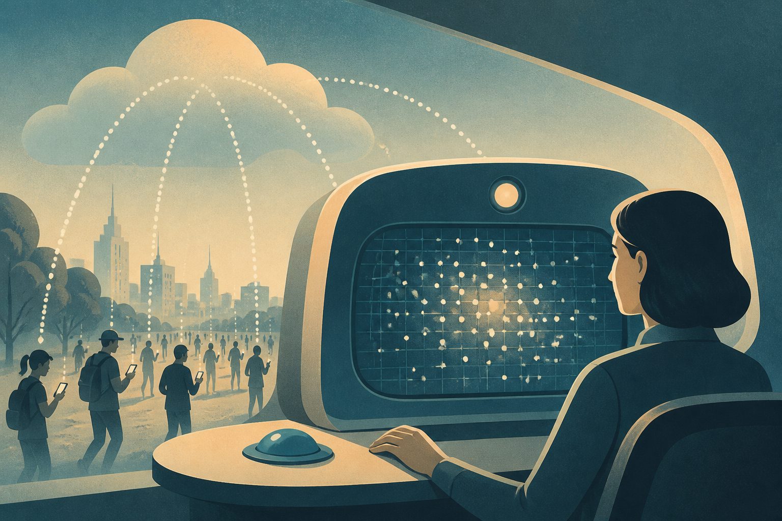 Abstract editorial illustration accompanying the article: AI dashboards could ease the burden of monitoring long-running sensing studies