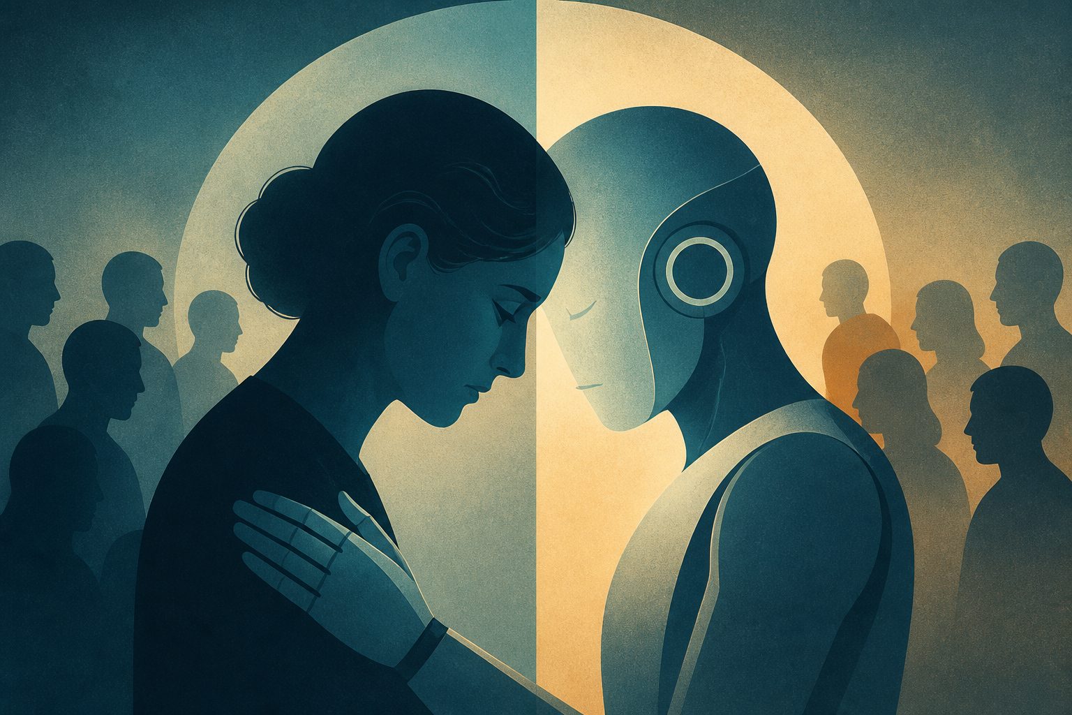Abstract editorial illustration accompanying the article: Nearly half of severely distressed adults in study used AI for mental-health support