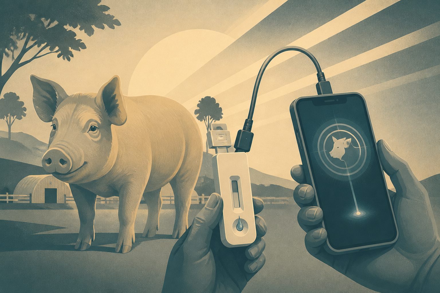 Abstract editorial illustration accompanying the article: A smartphone-linked test could spot African swine fever outside a lab