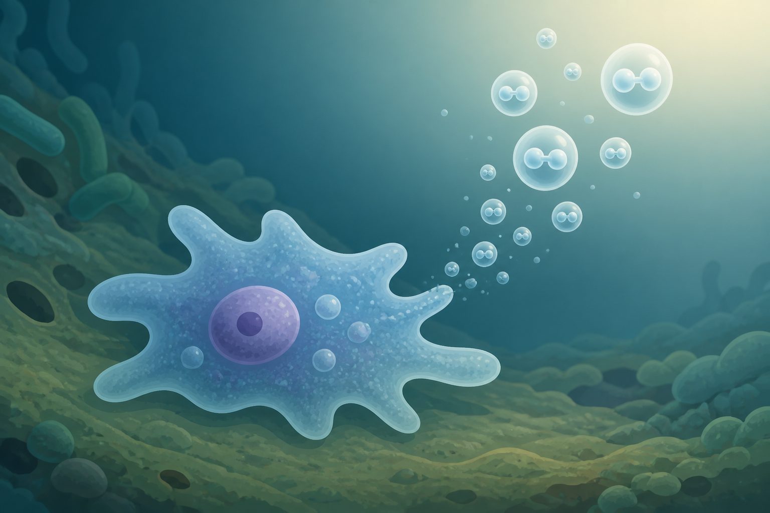Abstract editorial illustration accompanying the article: Acanthamoeba makes hydrogen gas when oxygen runs out