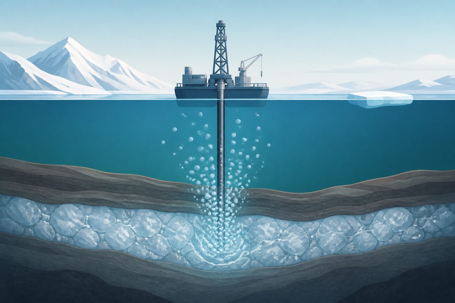 Abstract editorial illustration accompanying the article: Alaska gas-hydrate test showed high gas output with no clear decline