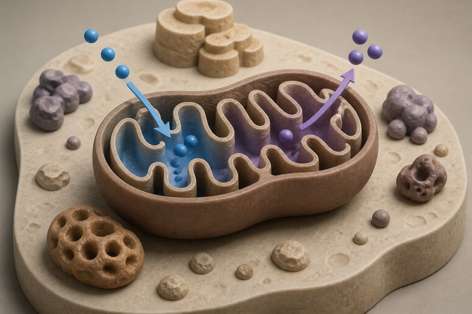 Abstract editorial illustration accompanying the article: The first complex mitochondria could use oxygen and anaerobic metabolism