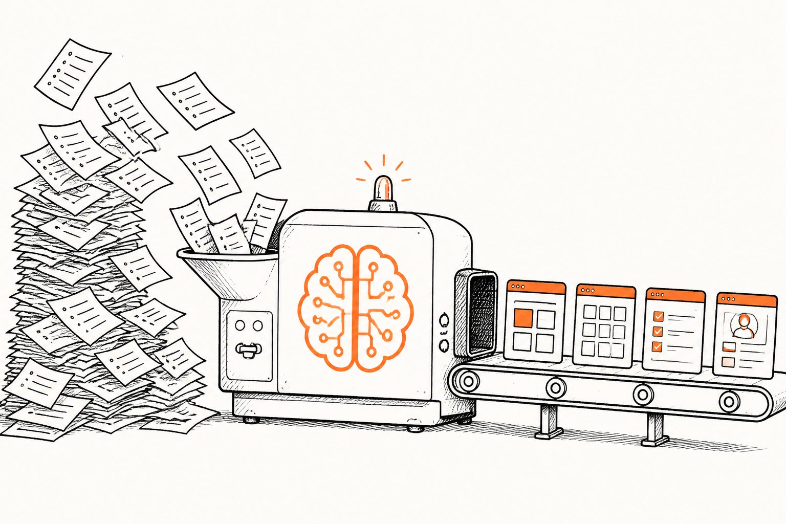 Abstract editorial illustration accompanying the article: An AI system turns hundreds of software requirements into runnable apps