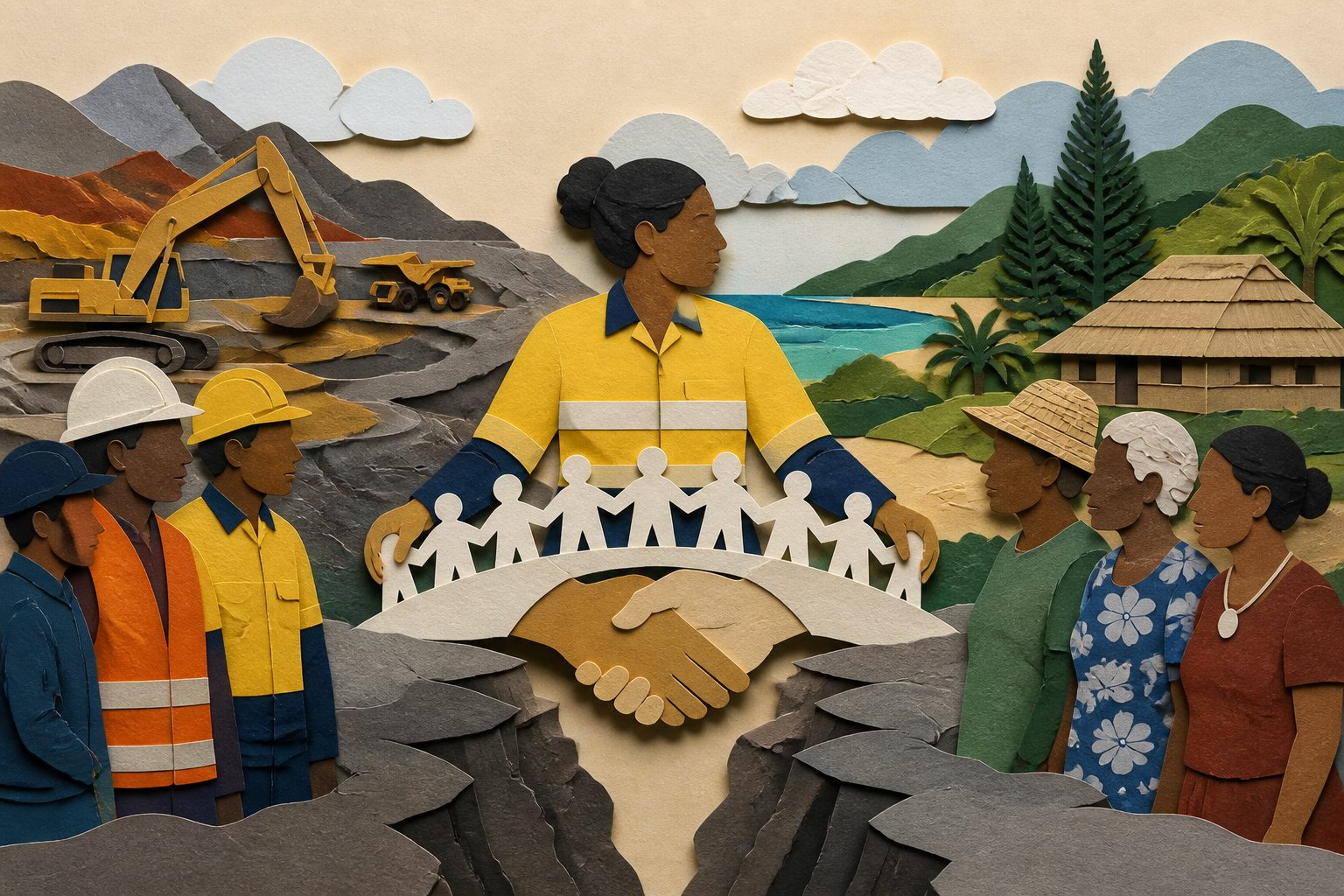 Abstract editorial illustration accompanying the article: How mining companies’ community officers reshape disputes in New Caledonia