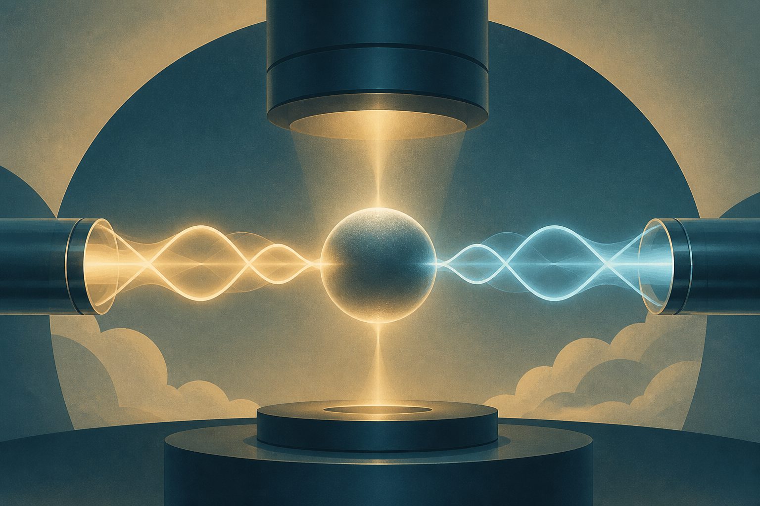 Abstract editorial illustration accompanying the article: A levitated nanosphere shares quantum entanglement with light at room temperature