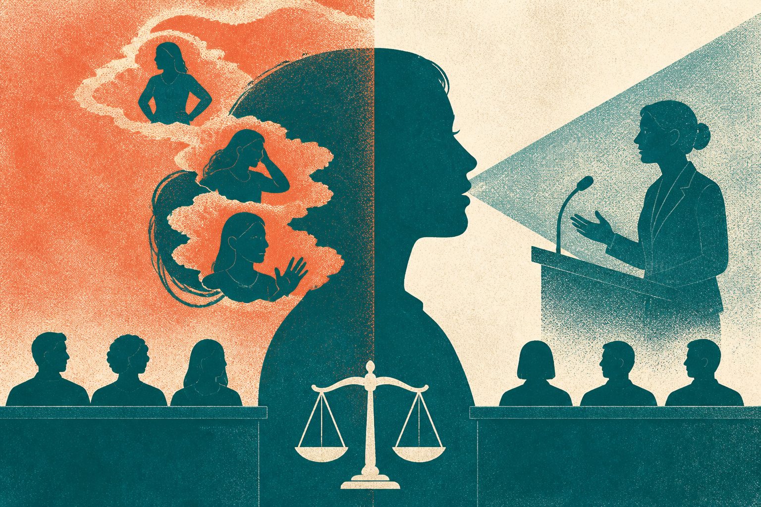 Abstract editorial illustration accompanying the article: Study calls for expert evidence to counter rape myths in England and Wales