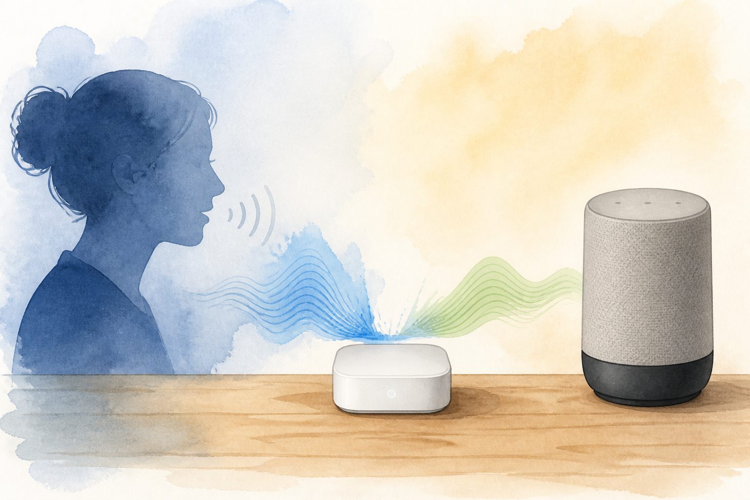 Abstract editorial illustration accompanying the article: A small device can hide who is speaking before commands reach a smart speaker