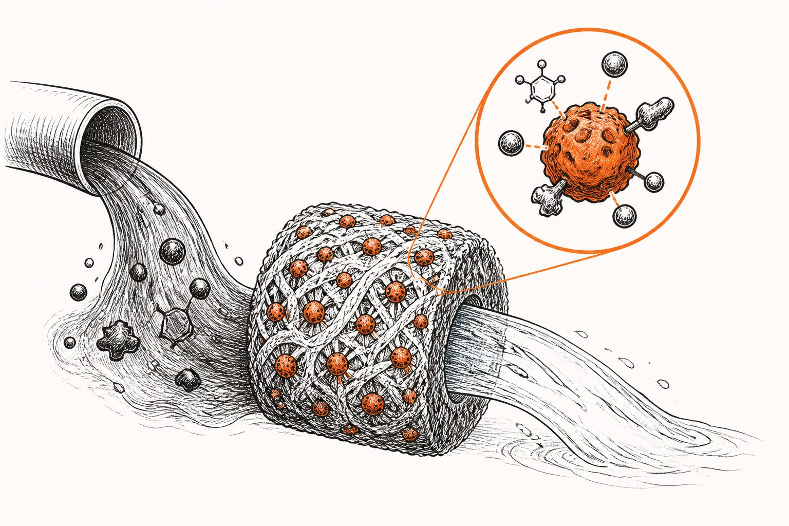 Abstract editorial illustration accompanying the article: Biologically made nanoparticles could clean wastewater, but key risks remain