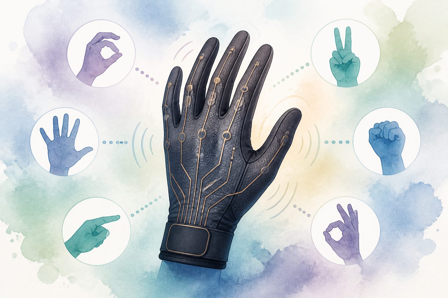 Abstract editorial illustration accompanying the article: A flexible glove recognized complex gestures from different users