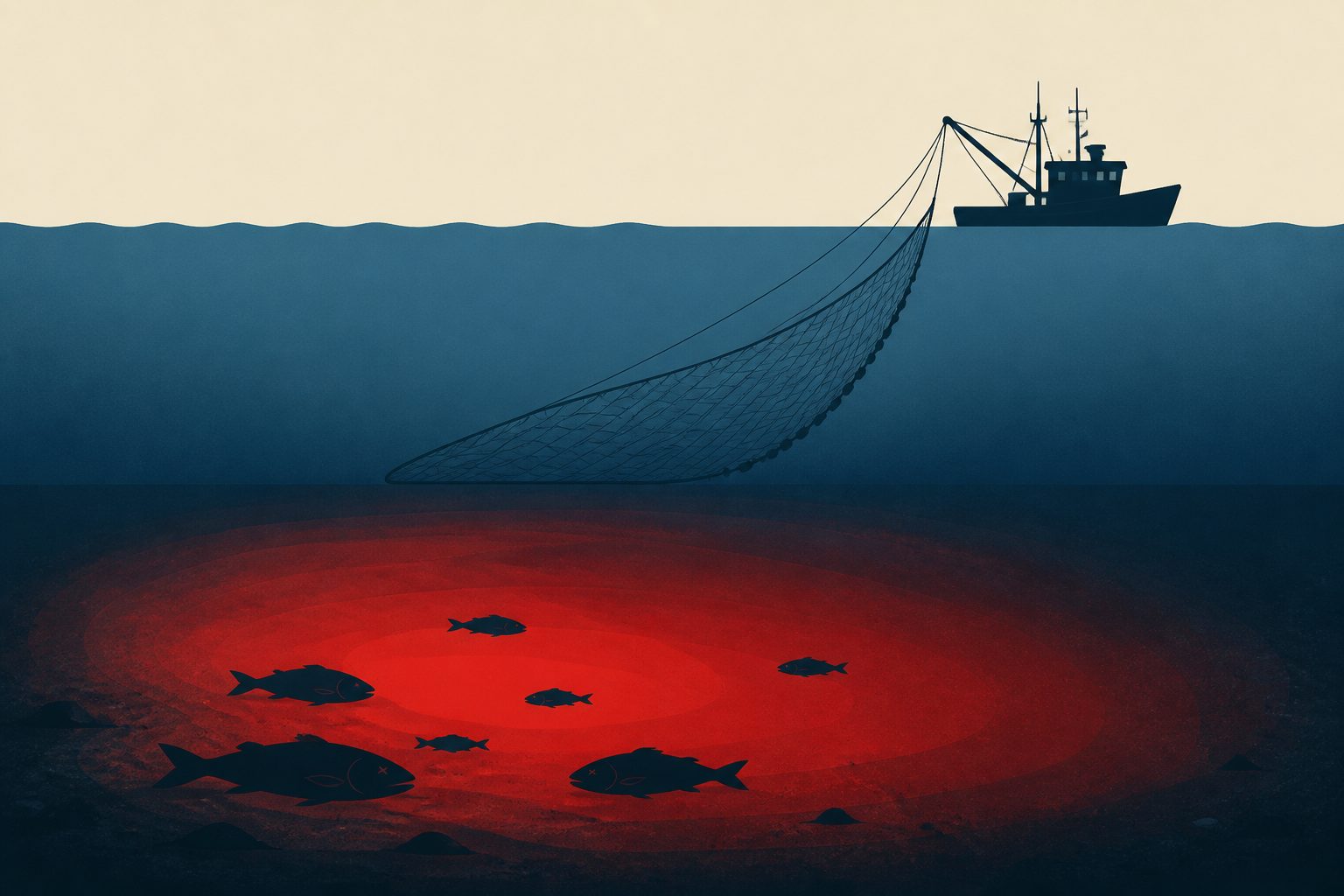 Abstract editorial illustration accompanying the article: Baltic Sea hotspots combine low bottom oxygen and fishing pressure