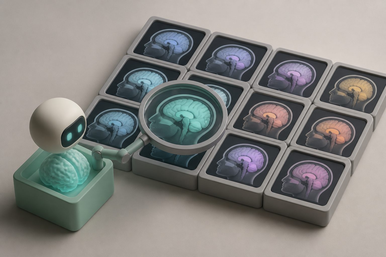 Abstract editorial illustration accompanying the article: AI brain scans may help identify autism, but test results vary widely