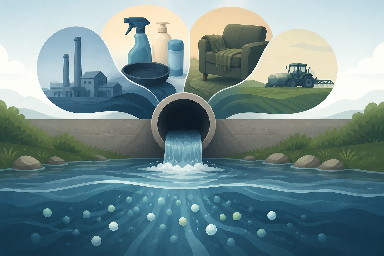 Abstract editorial illustration accompanying the article: Wastewater’s persistent trifluoroacetate may come from more than food