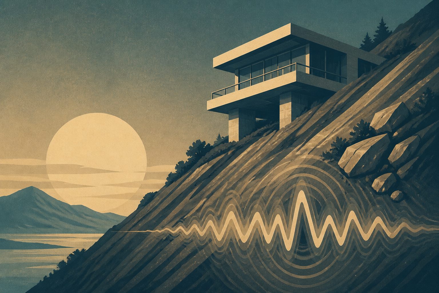 Abstract editorial illustration accompanying the article: Mountain-slope shaking was over six times stronger at one frequency