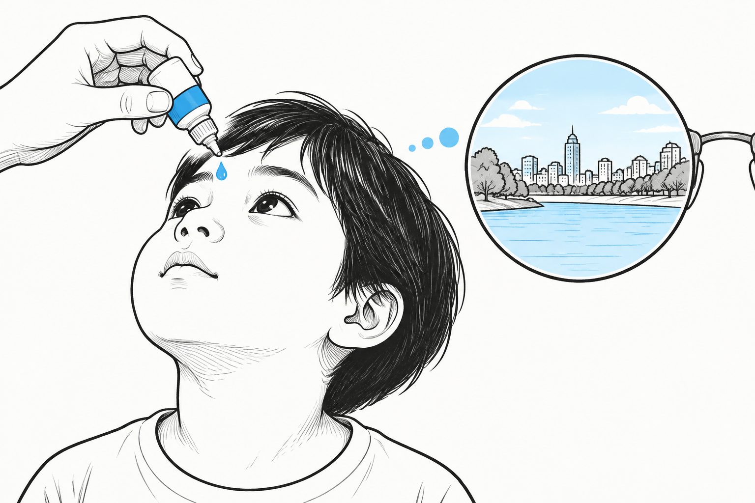 Abstract editorial illustration accompanying the article: Trial finds less myopia progression with higher-dose atropine in some children