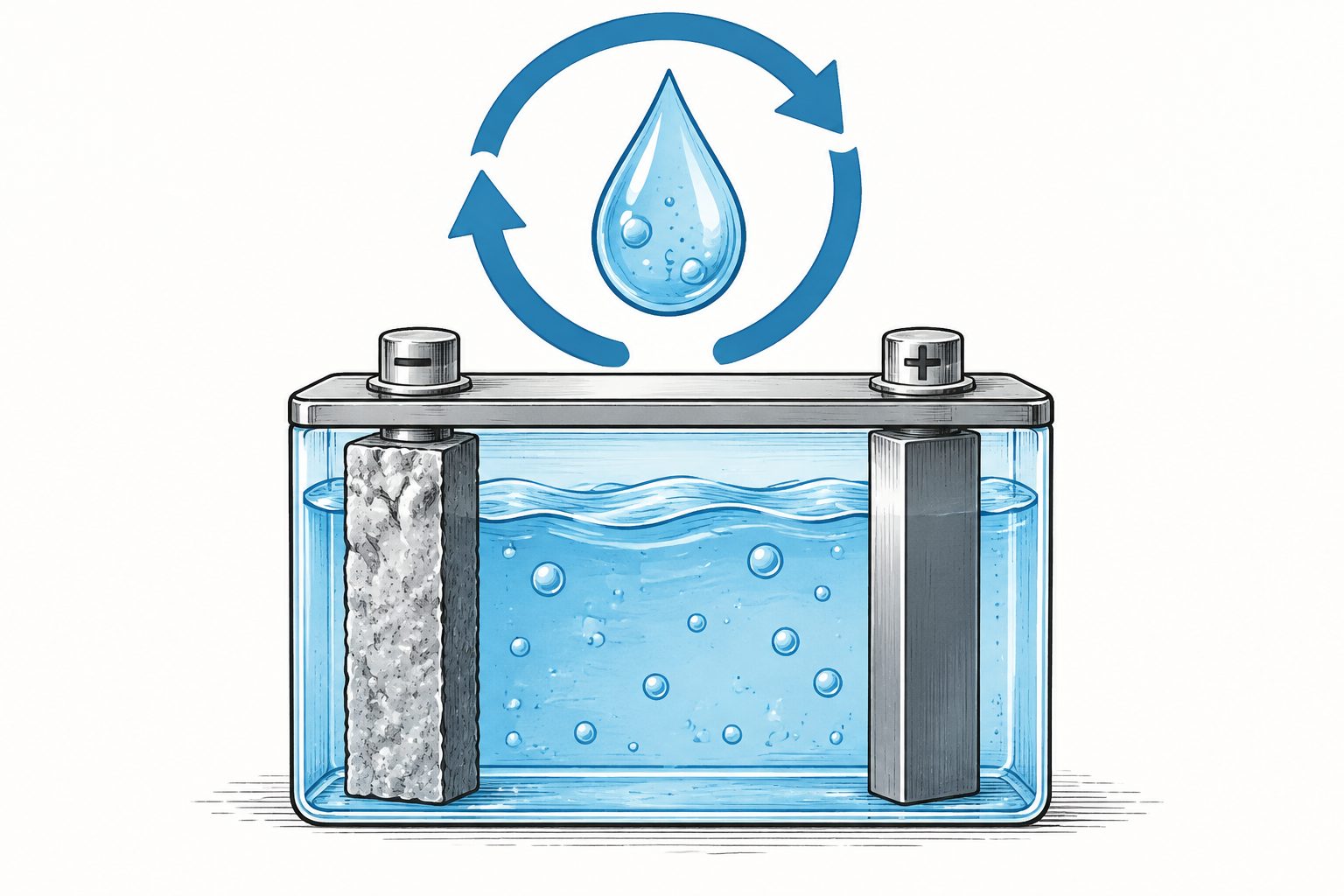 Abstract editorial illustration accompanying the article: A redesigned water-based electrolyte helped zinc batteries run for 800 cycles