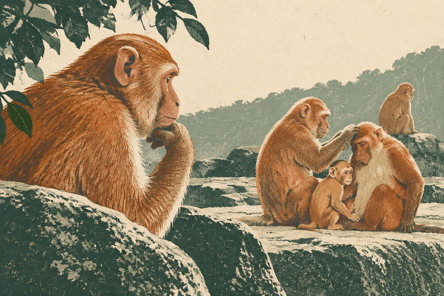 Abstract editorial illustration accompanying the article: Female rhesus monkeys that watched other monkeys more were likelier to reproduce